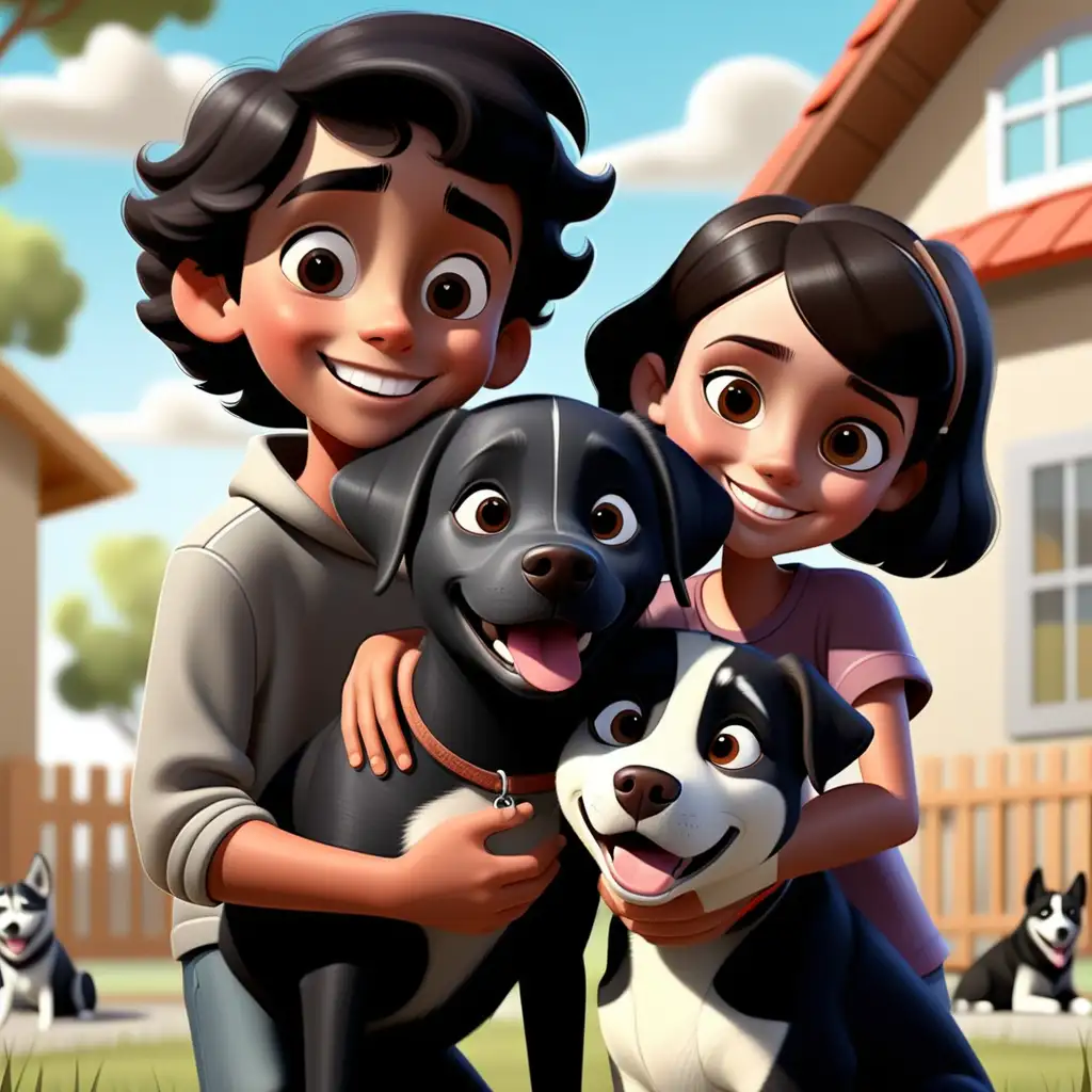 Enchanting 3D Animated Storybook Characters Hispanic Boy and Brunette Girl Adopting Black Lab and Husky Dogs