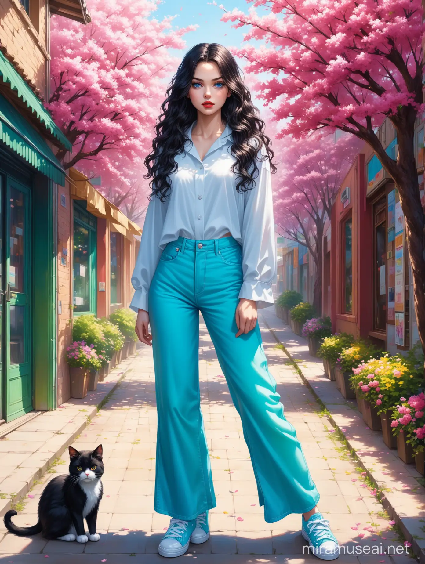 Aivision, strong neon colors, full body of beautiful young women with dramatic expression, prety blue eyes , curly long hair, , full red lips, black hair, She wears a wide shirt and  wide leg Jeans  ,she wears amazing sneakers in neon colors,full body , she stands in the street anxiously, colorful spring environment ,  flowers , mini cat.   image realistic, realistic facial features, Fairy Tail, Extremely detailed , intricate , beautiful , fantastic view , elegant , crispy quality Federico Bebber's expressive, full body, Coordinated colours 