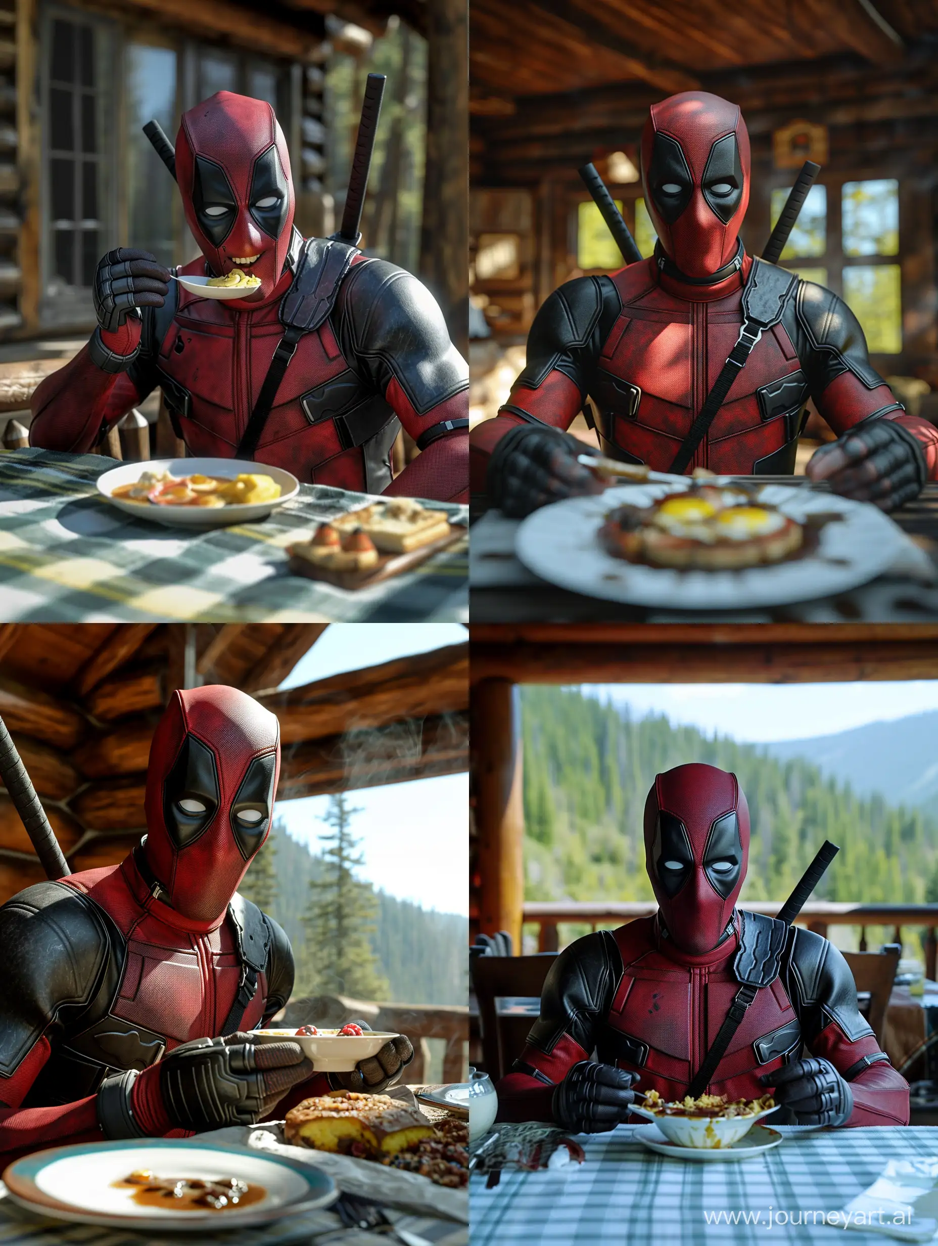Deadpool-Enjoying-a-Symmetrical-Breakfast-in-a-Cabin