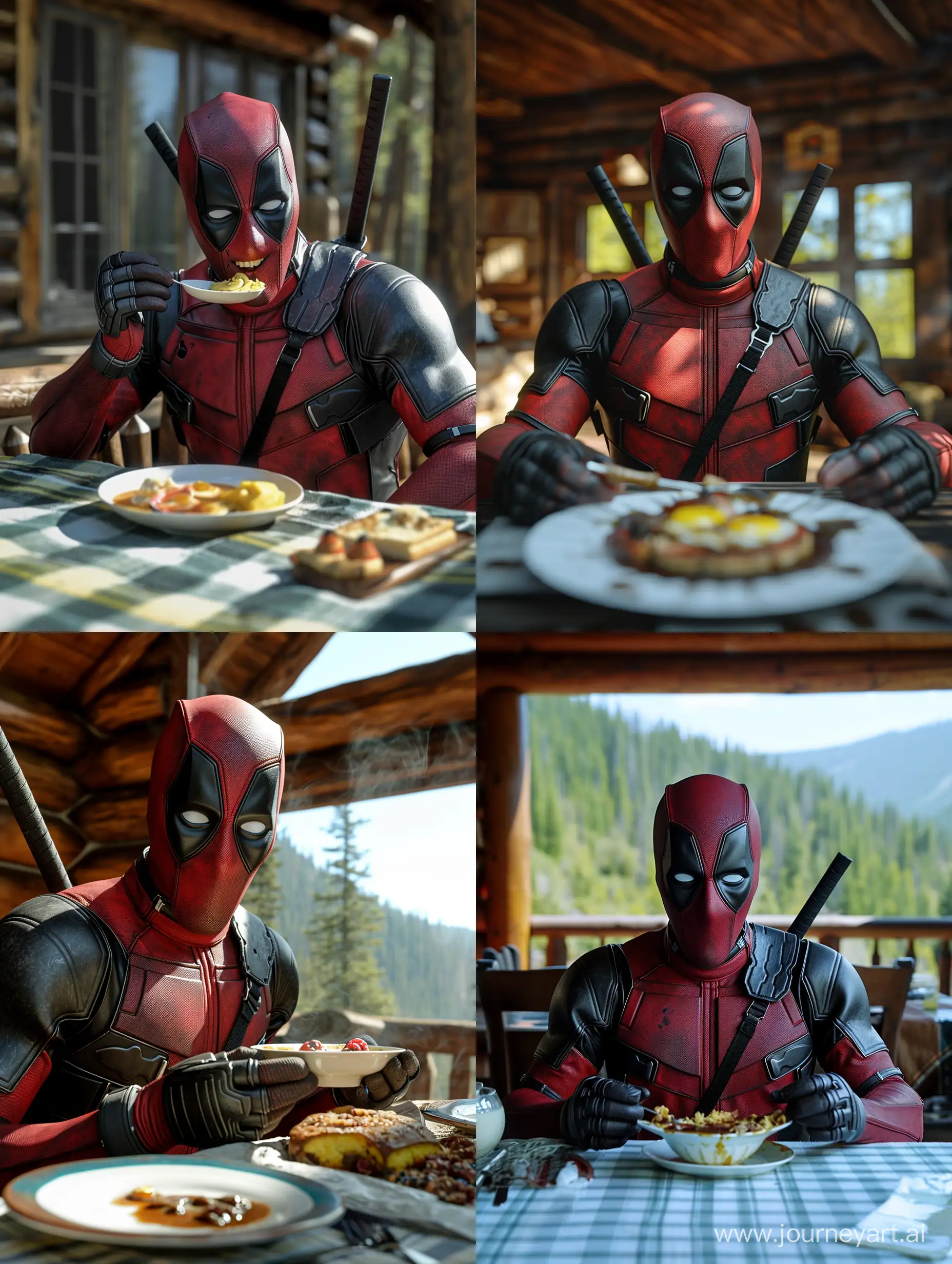 close up, deadpool eating breakfast in a cabin, symmetrical balance, hyper-realistic --ar 3:4 --style raw