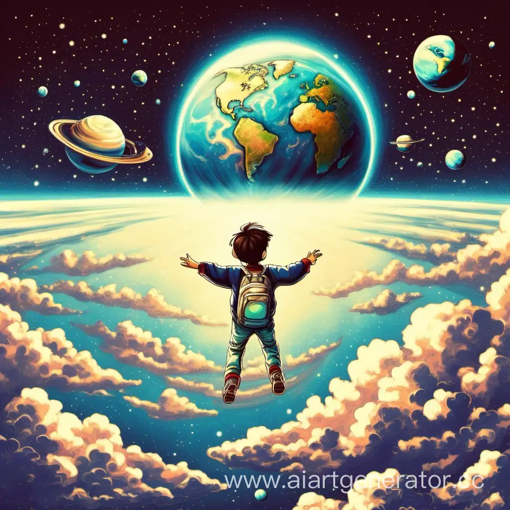 мальчик летает над планетой