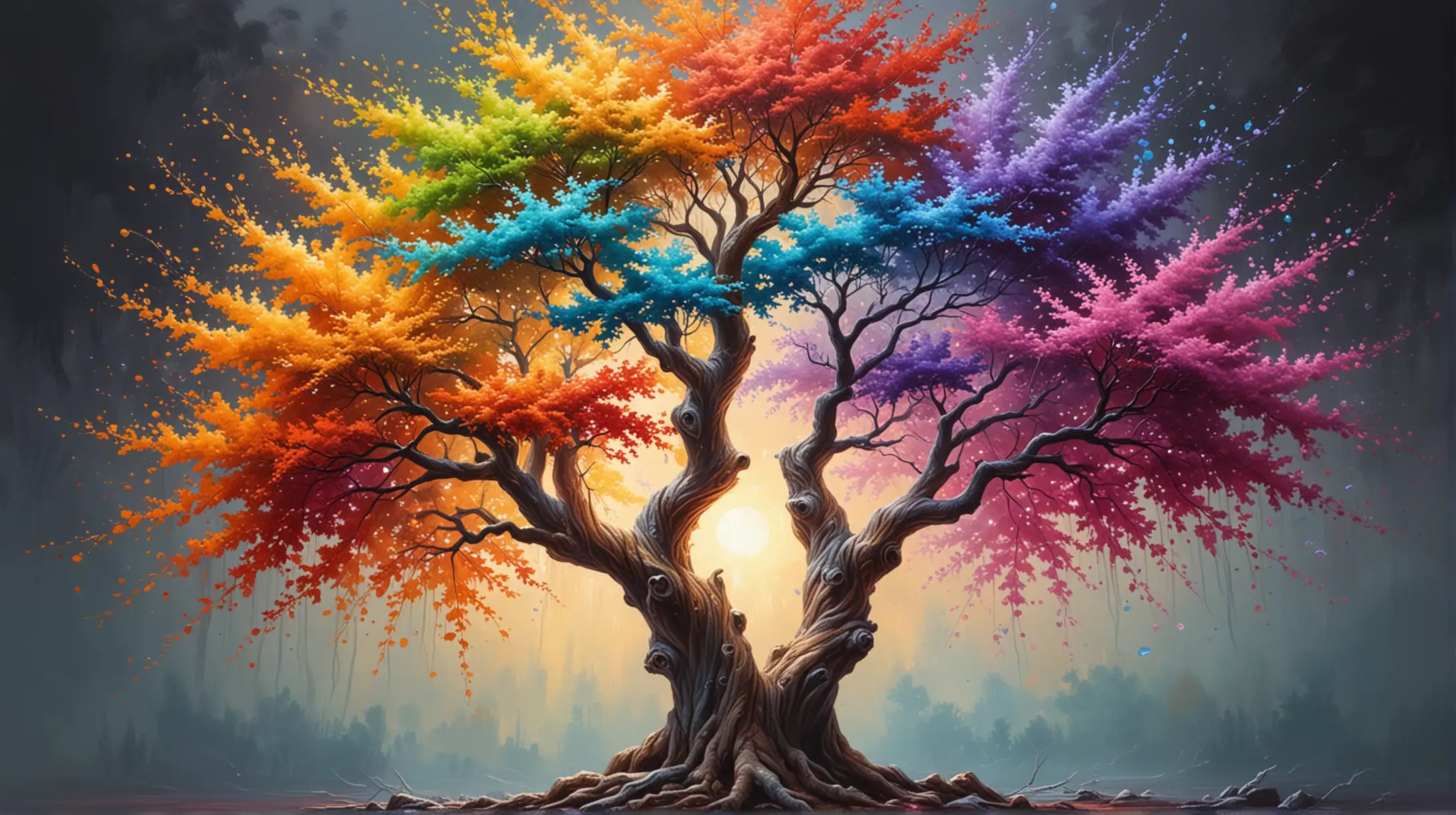 Make gorgeous oil painting about colourful and radiant tree, show a lot of details, show the beauty, make radiant colours, make it real photo as much as possible, 4k photo, make darker background, zoom more in the tree 