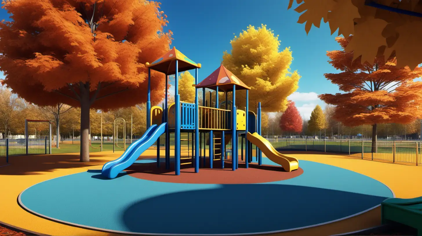 A children's playground in a park in Autumn. Blue sky. Full color, very detailed.
