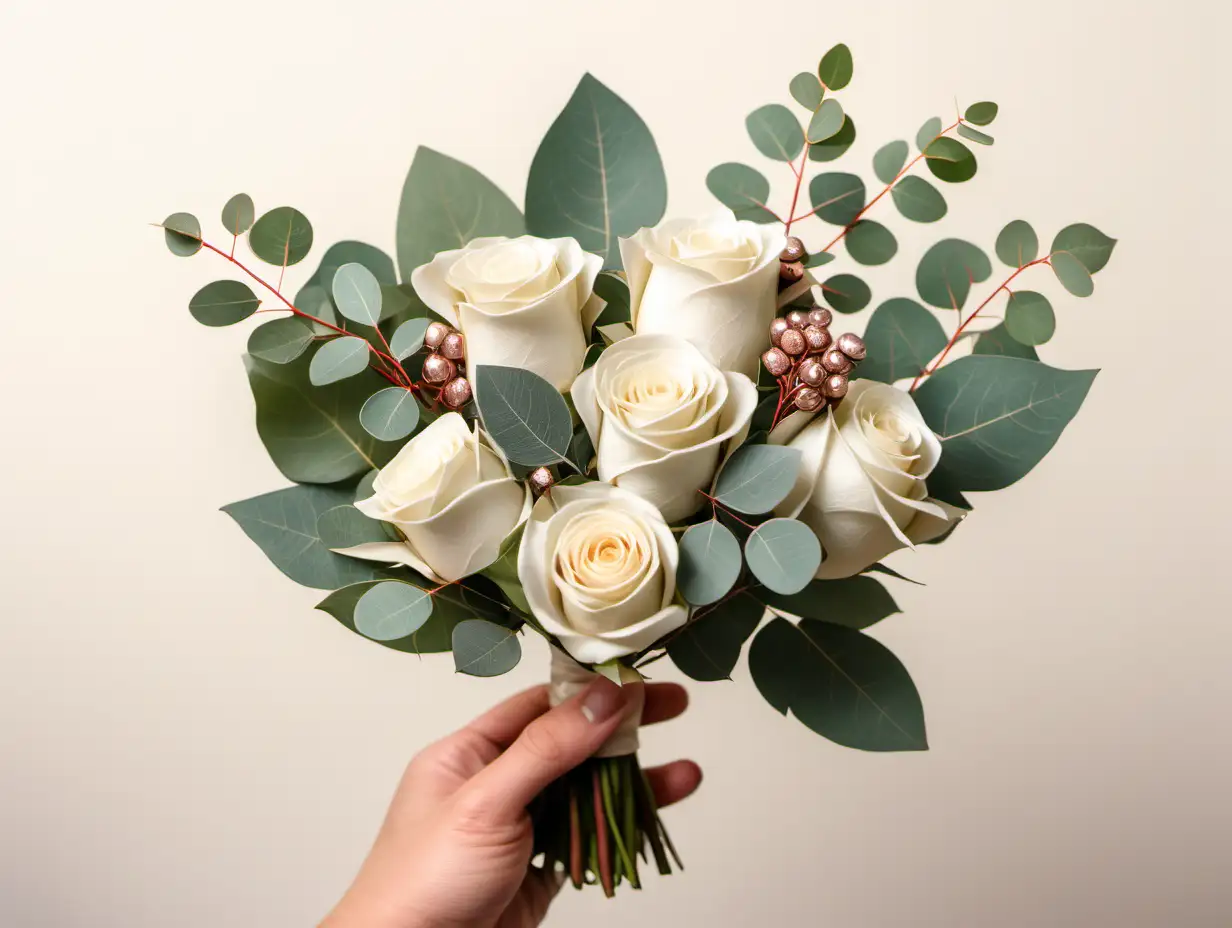 small  bouquet,  roses and leaves of eucalyptus, ivory background, in color