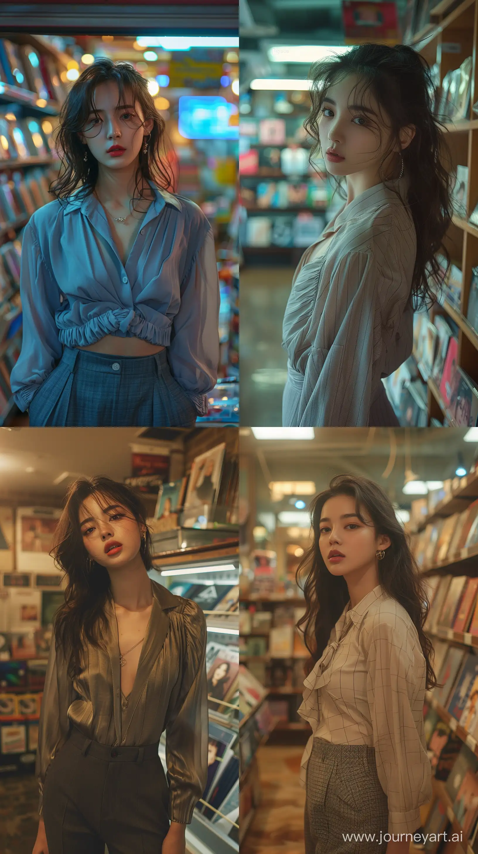 a blackpink's rose wearing simple blouse and suit pants,standing headsup profile inside a album store,mysterious nocturnal scene, mischoevous motif --ar 9:16 --stylize 550 --v 6
