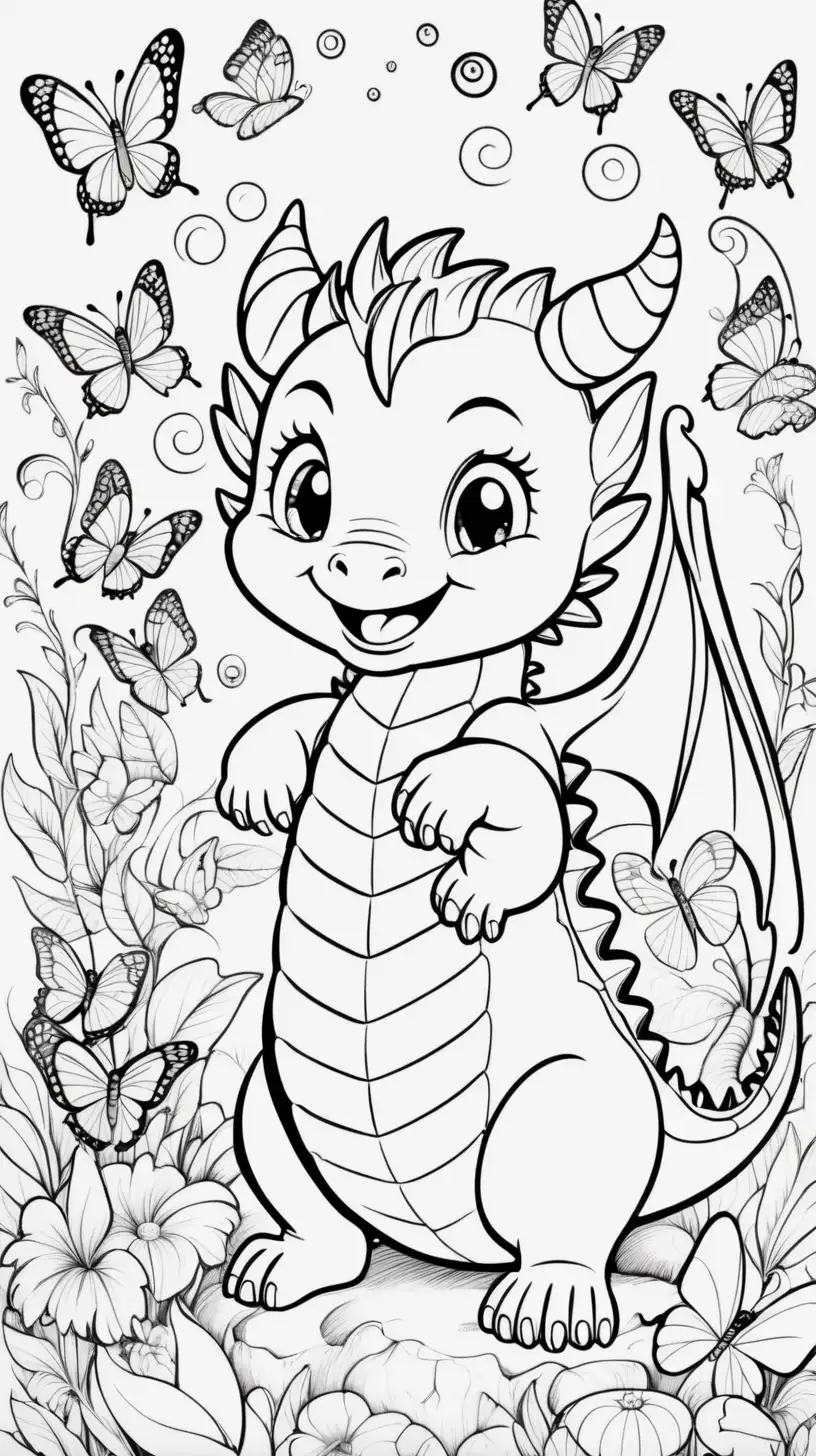 Adorable Baby Dragon Coloring Page with Butterflies