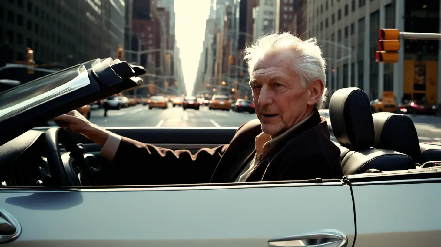 older caucasian man driving convertible in midtown Manhattan.