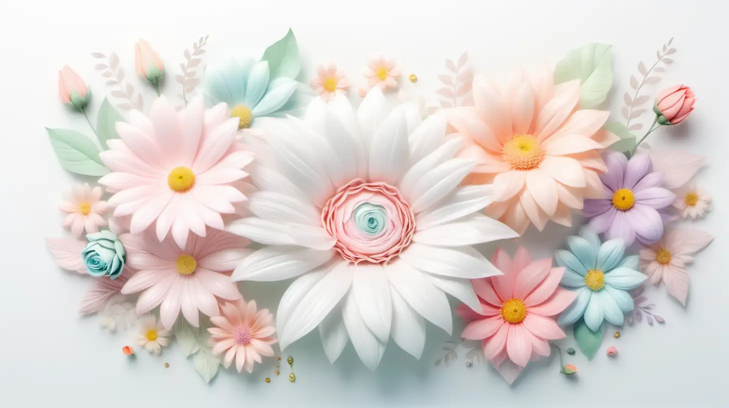 Whimsical Fairytale Pastel Flowers on Beautiful White Background