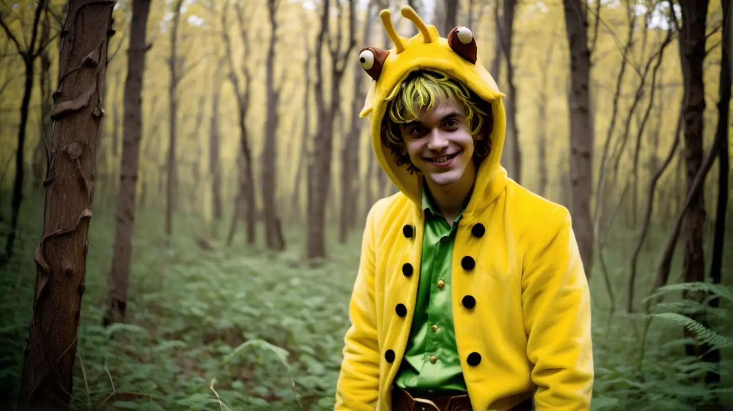 He is funny.He is in the forest. 50mm lens.He is nice. He is pretty. His heir is shaggy. His costume is yellow . 