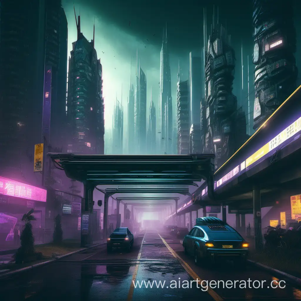 Futuristic-Cyberpunk-City-with-Approaching-Transportation-at-the-Bus-Stop