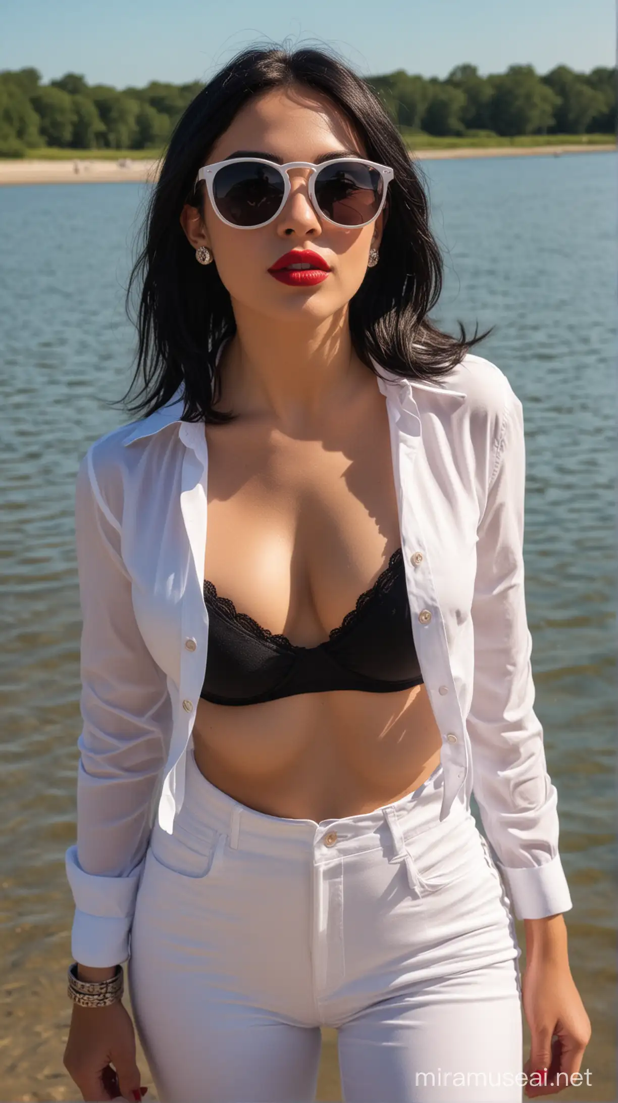 4k Ai art front view beautiful USA girl black sun glasses black hair red lipstick ear tops white trousers and black button shirt and pink bra in usa pope beach lake