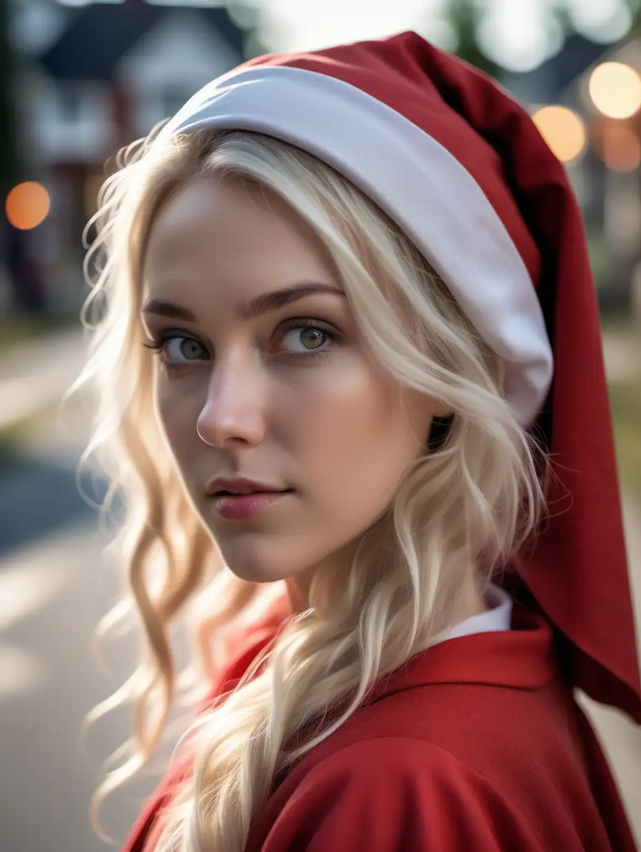 Attractive Nordic Woman in Red Robe with Handmaids Tale Bonnet