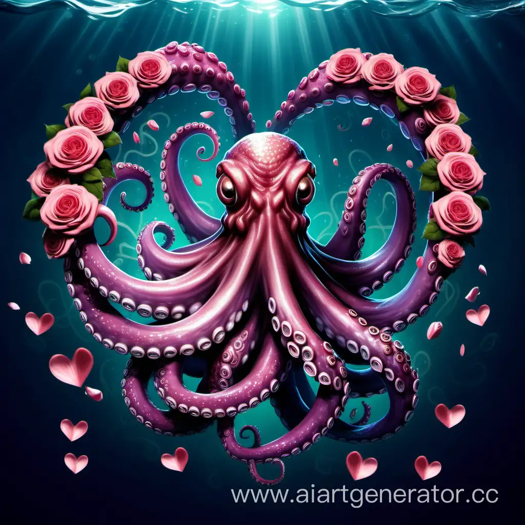 большой  осьминог с тентаклями щупальцами а вокруг сердечки и лепестки роз. Романтика