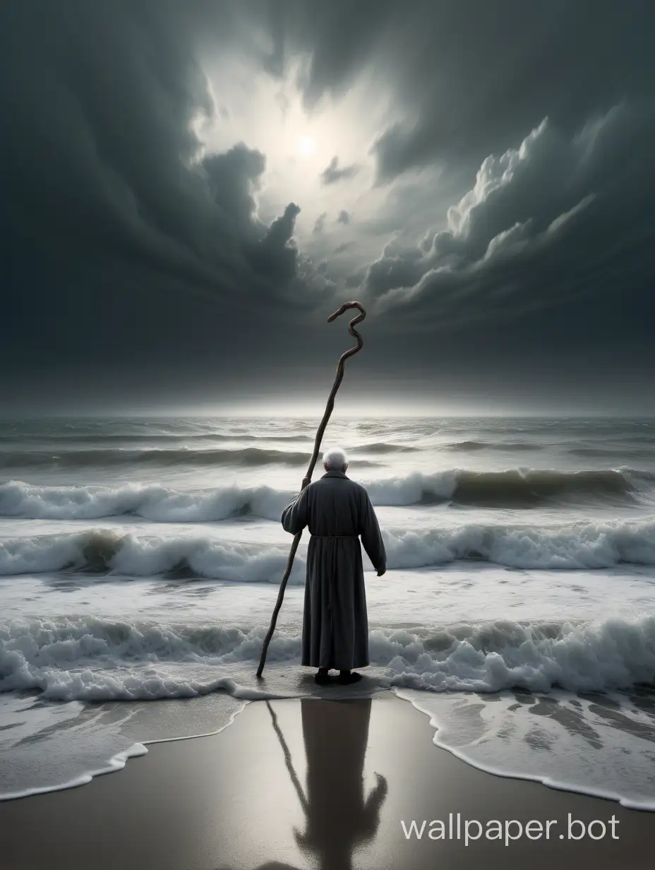 a lone solitary elderly male figure far in distance parting the sea hold a staff in one hand
