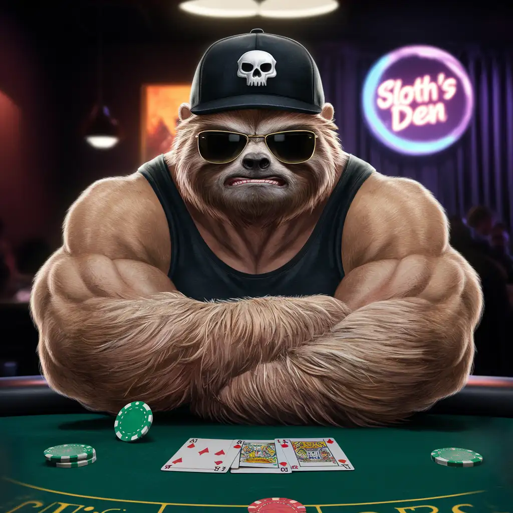Muscular-Angry-Sloth-Playing-Poker-Wild-Sloth-Gambling-Scene