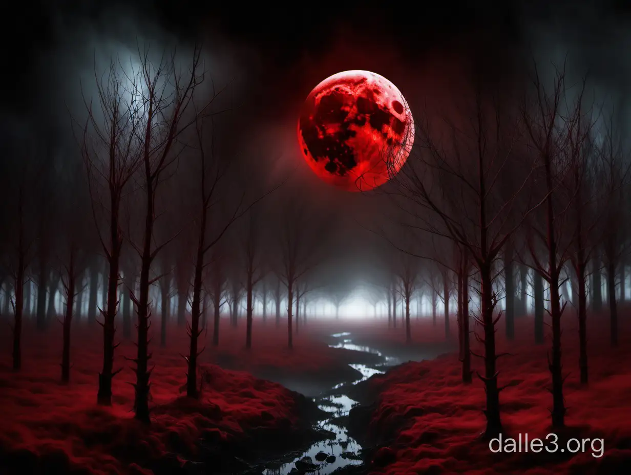 Blood forest, blood moon on black red fog