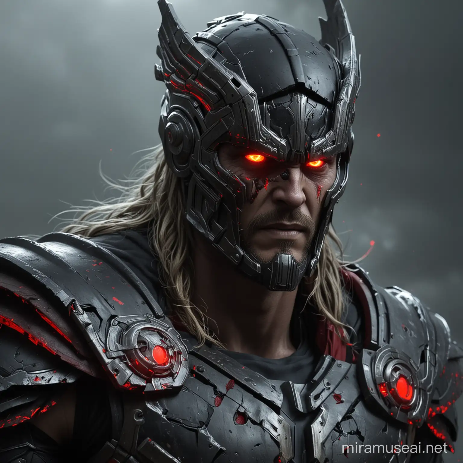 Corrupted thor with dark armor and glowing red eyes