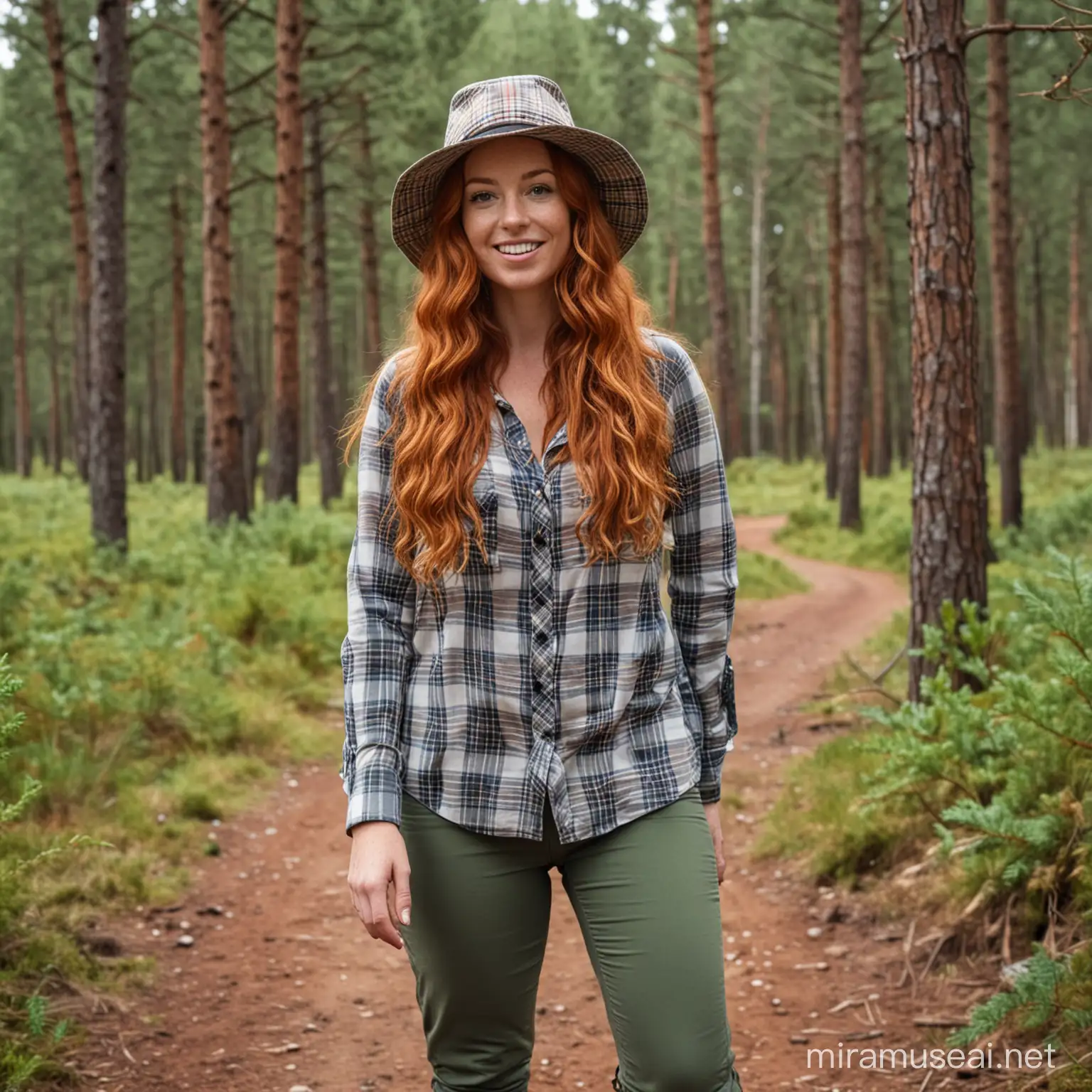 37 year old irish woman, fair skin, freckles, huge breasts, long red curly hair, hourglass figure, facing the viewer, hands on hips, smiling happily, visible from head to toe, dressed in hiking clothing, bucket hat, plaid buttoned shirt, lots of breast cleavage, western pine forest and trail in the background