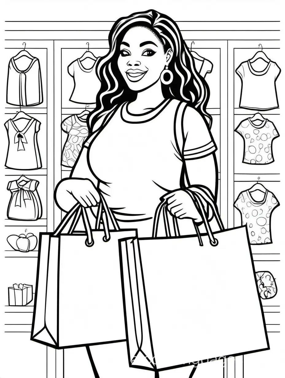 Pretty black, curvy women holding shopping bag, Coloring Page, black and white, line art, white background, Simplicity, Ample White Space. The background of the coloring page is plain white to make it easy for young children to color within the lines. The outlines of all the subjects are easy to distinguish, making it simple for kids to color without too much difficulty