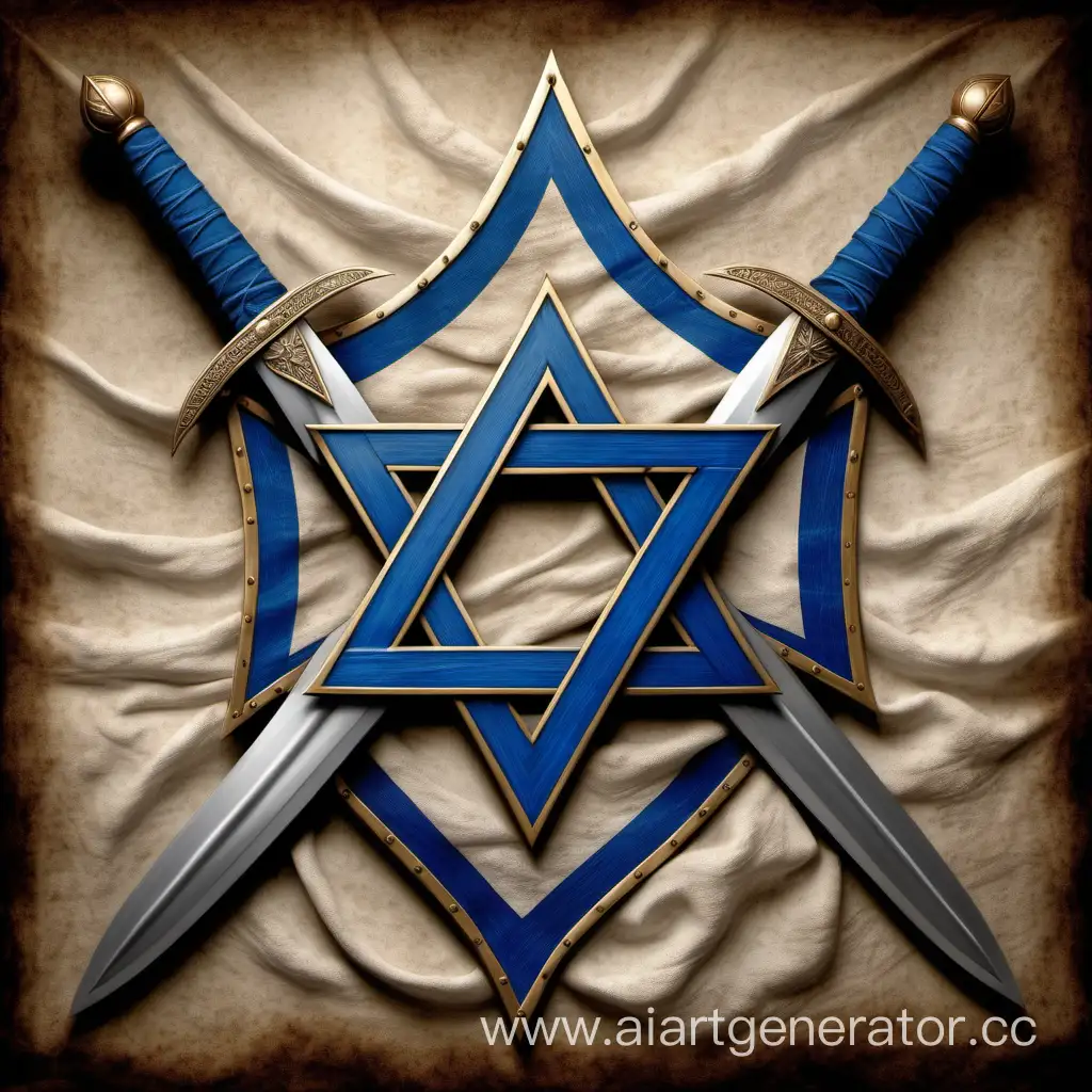 Composition consisting of swords. Swords on the edges of a six-pointed star like on the flag of Israel. Lay the swords on the six-pointed star, the star like the shield of Magen David on the banner of Israel. The star consists of swords arranged one on each face of the star. Medieval swords.