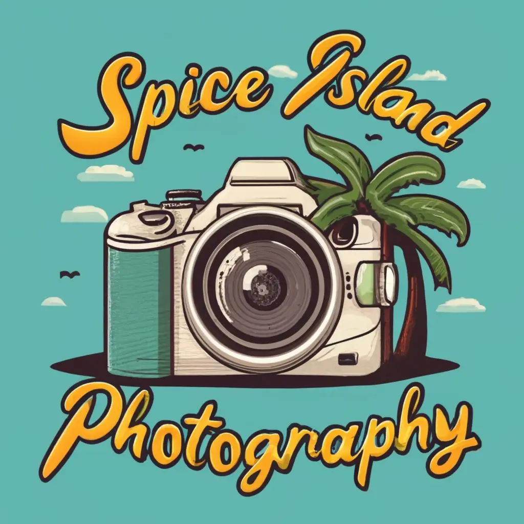 logo, Realistic camera and lens, Palm tree, with the text "Spice Island Photography", typography, be used in Events industry