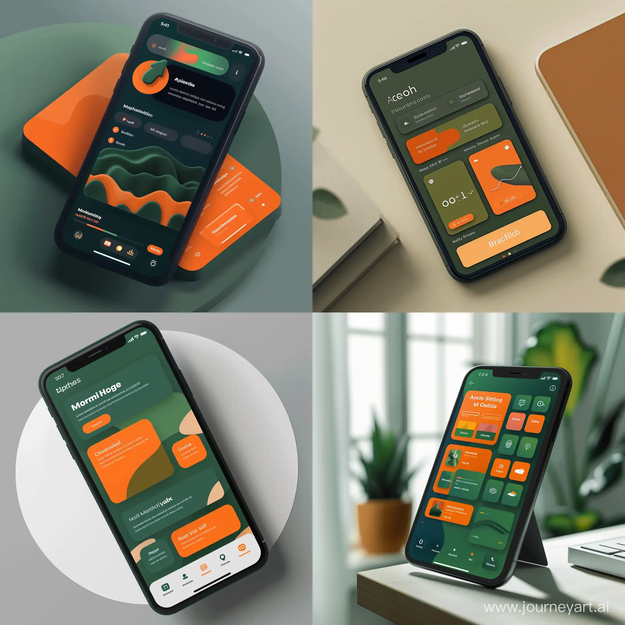 modern motivation app with main colors of matte green and orange