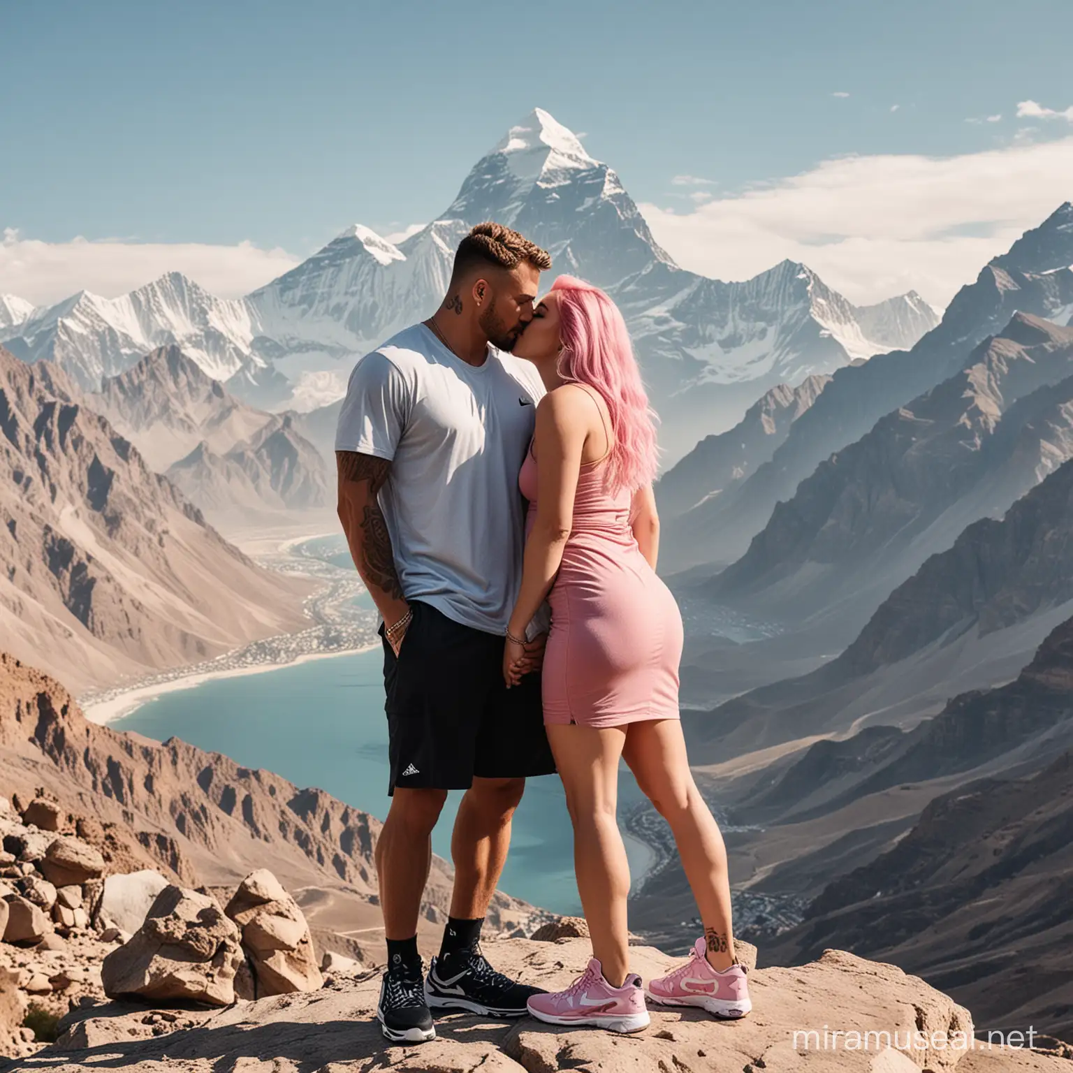 Pregnant Couple Kiss with Mountain and Cityscape Background