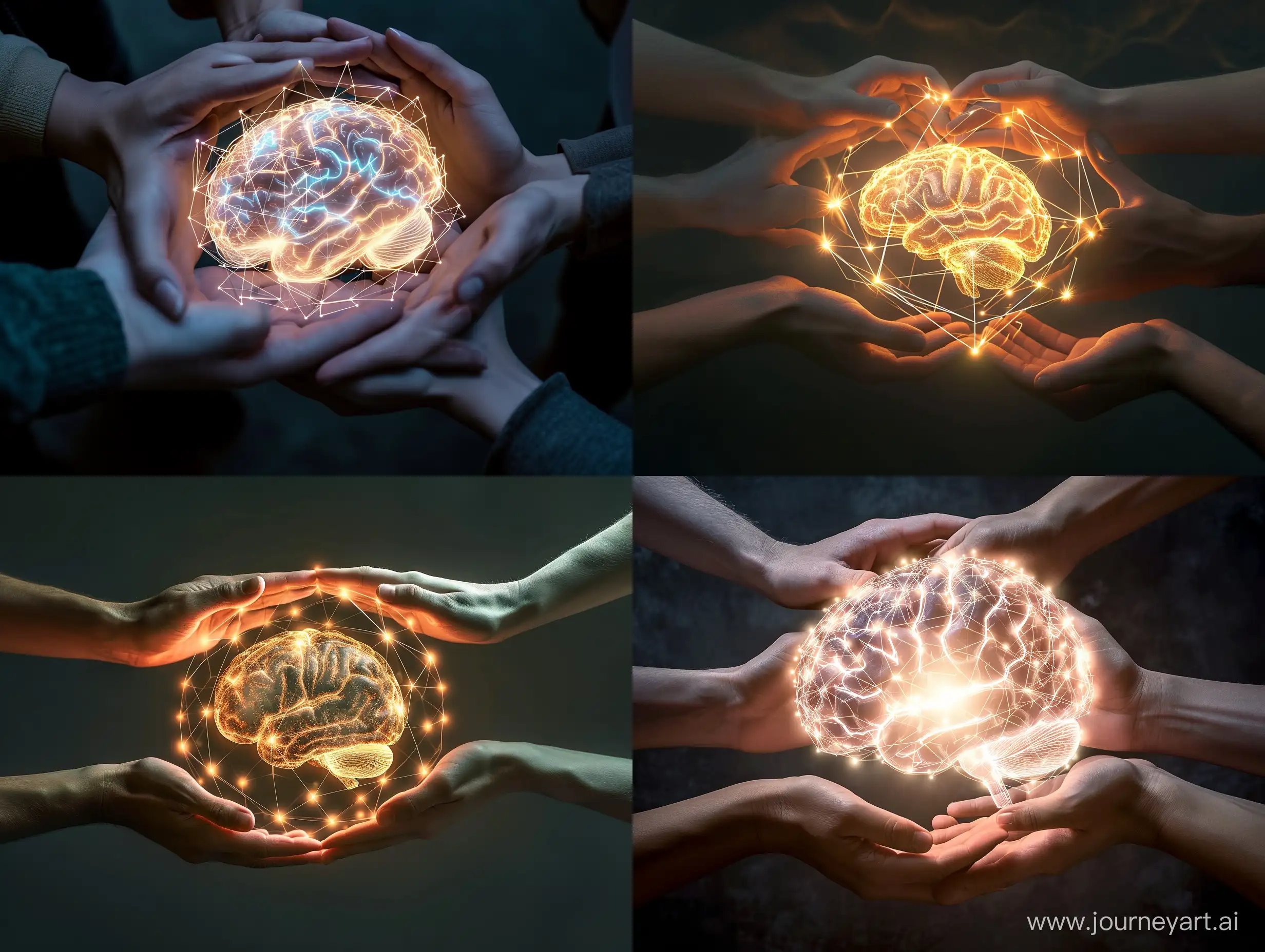 Prompt for MidJourney, a text-to-image AI:

Image: An interconnected network of hands encircling a glowing brain.

Descriptive keywords: The hands delicately caressing the brain, glowing softly with subtle hues.

Photographic style: Realistic.

Tone: The image should radiate wonder and curiosity, yet convey a sense of gentle care and appreciation.

Object: The main object in the image is a vibrant, radiant brain floating in mid-air.

Action: The hands are gently embracing the brain, creating a visual representation of the symbiotic relationship between human touch and intellectual pursuit.