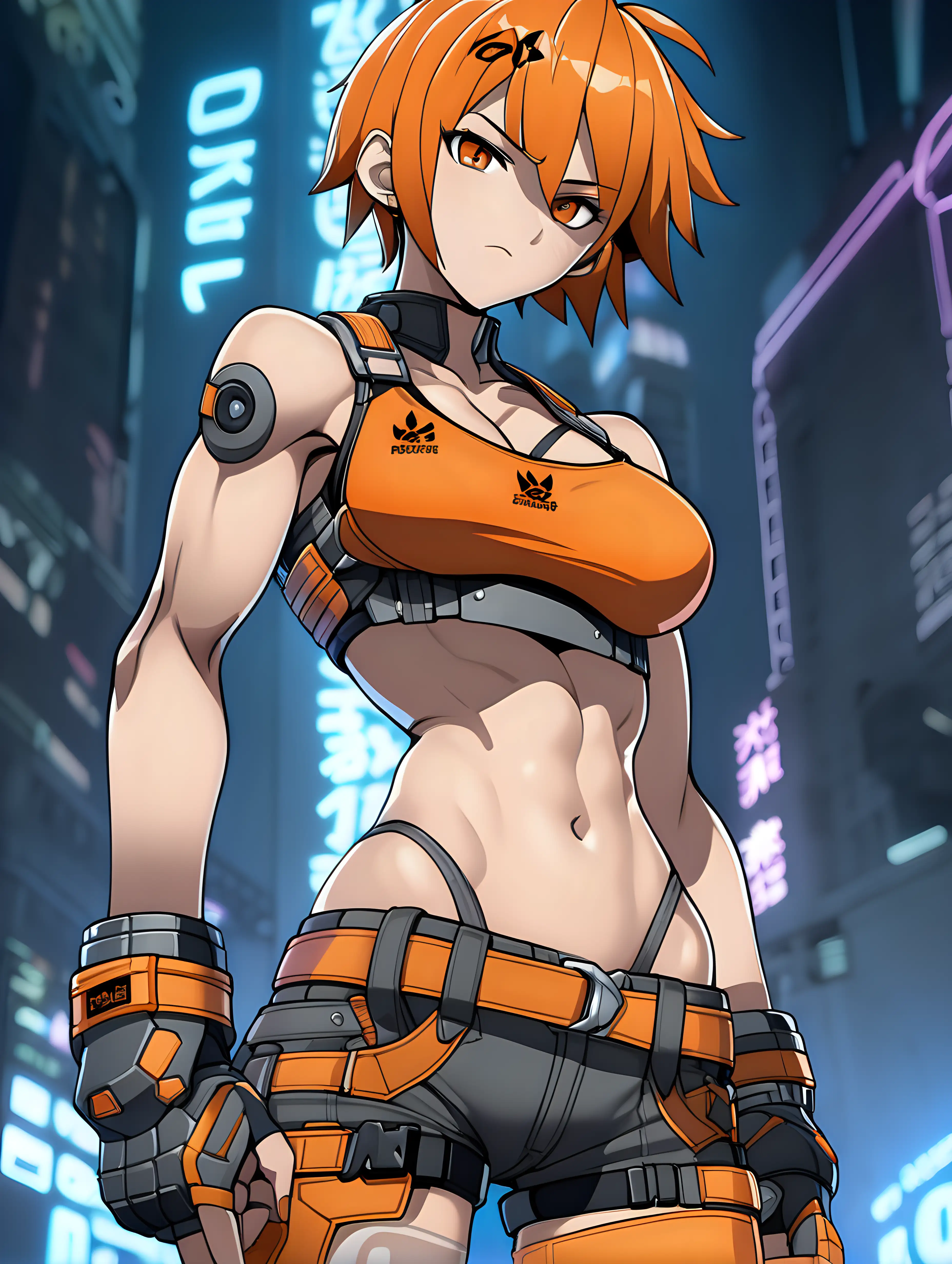 anime cyberpunk woman, tight bra top, exposed muscular midriff, mischievous expression, intimidating, tomboy, short hair, standing tall, dynamic pose, shadow aura, orange theme, partially armored, animated