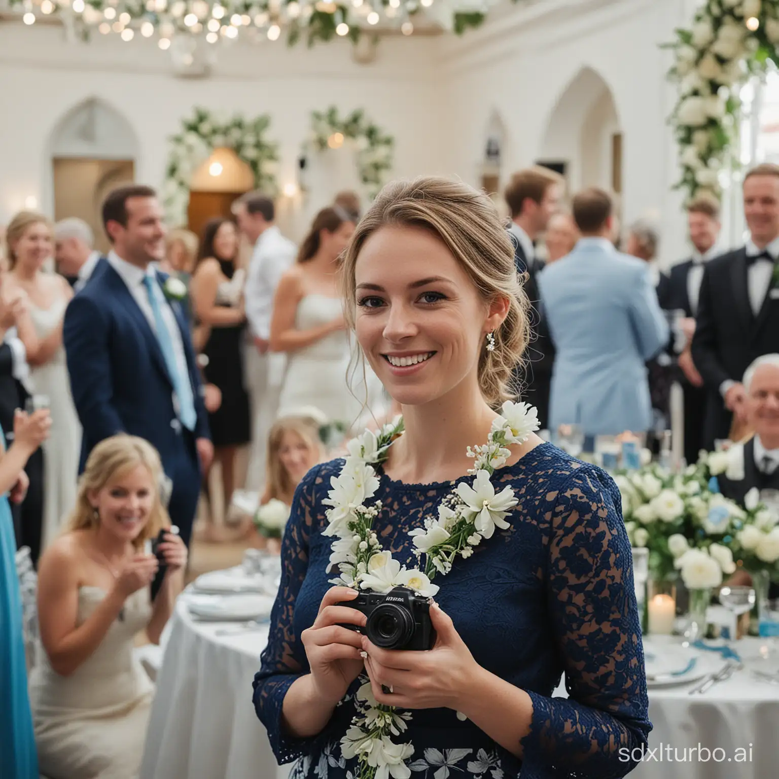 a realistic photograph of a guest taking photos in a wedding, looking super happy, in front of other wedding guests, with some flower ornaments behind them, in a festive environment, white, black, and blue palette, nikon 50mm. --ar 117:119 --v 5.2 --style raw