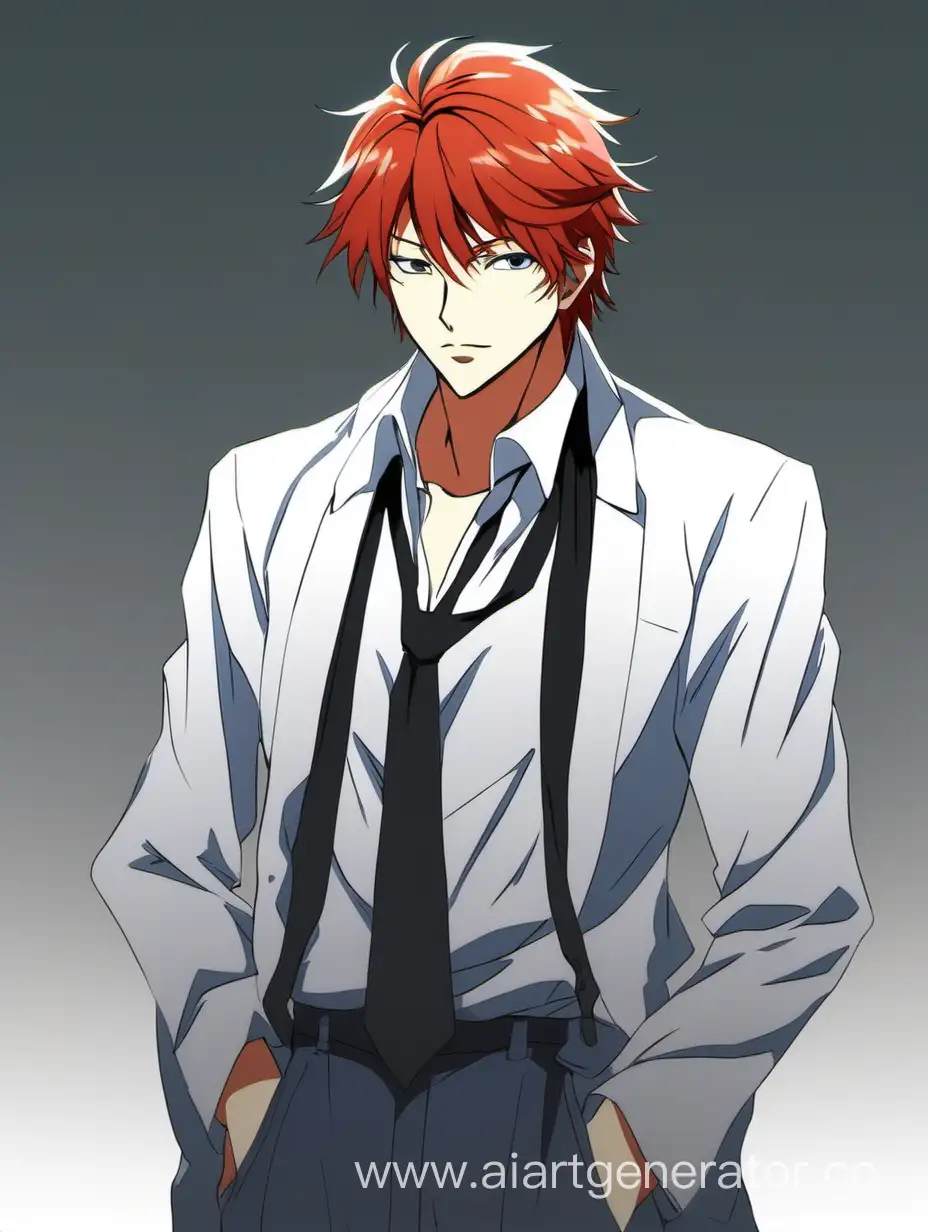 Мужчина с красными волосами до плеч, классическая одежда. аниме.