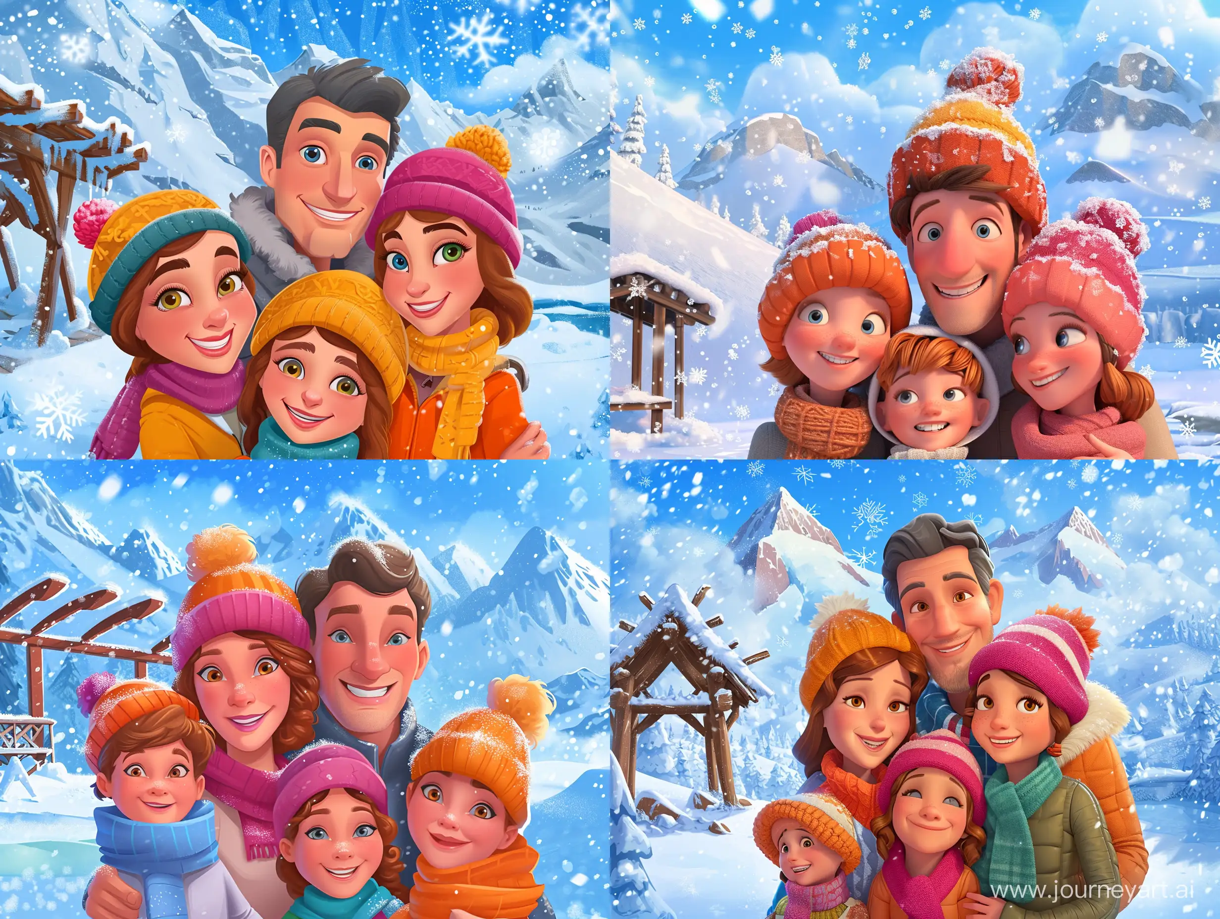 cartoon pixar style of close-up portrait A happy family is posing against a background of snow-covered mountains. Mother, father and two children in bright hats and scarves are smiling cheerfully. Behind them you can see slopes covered with sparkling white snow. To the left in the background flashes a semi-collapsed arbor covered with snow. To the right you can see a frozen mountain lake with pieces of ice. Huge fluffy snowflakes are slowly swirling in the air.