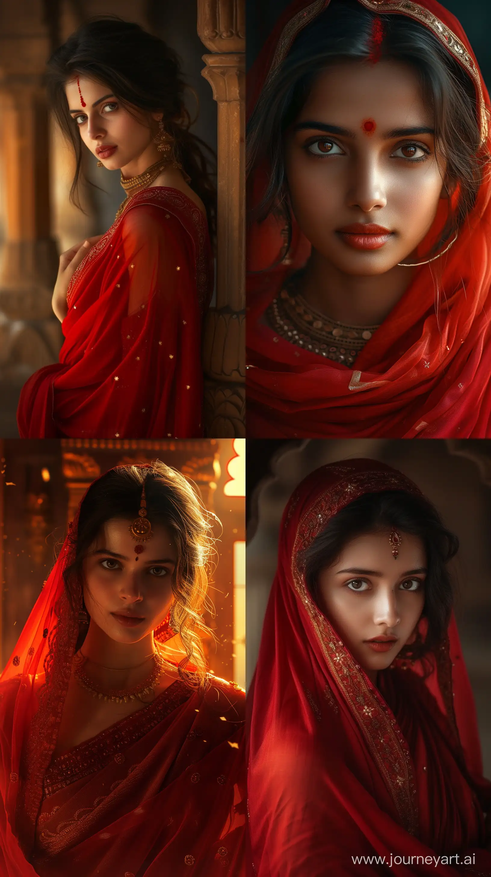 Elegant-Ancient-Indian-Woman-in-Red-Sari-Intricate-Details-and-Dim-Lighting