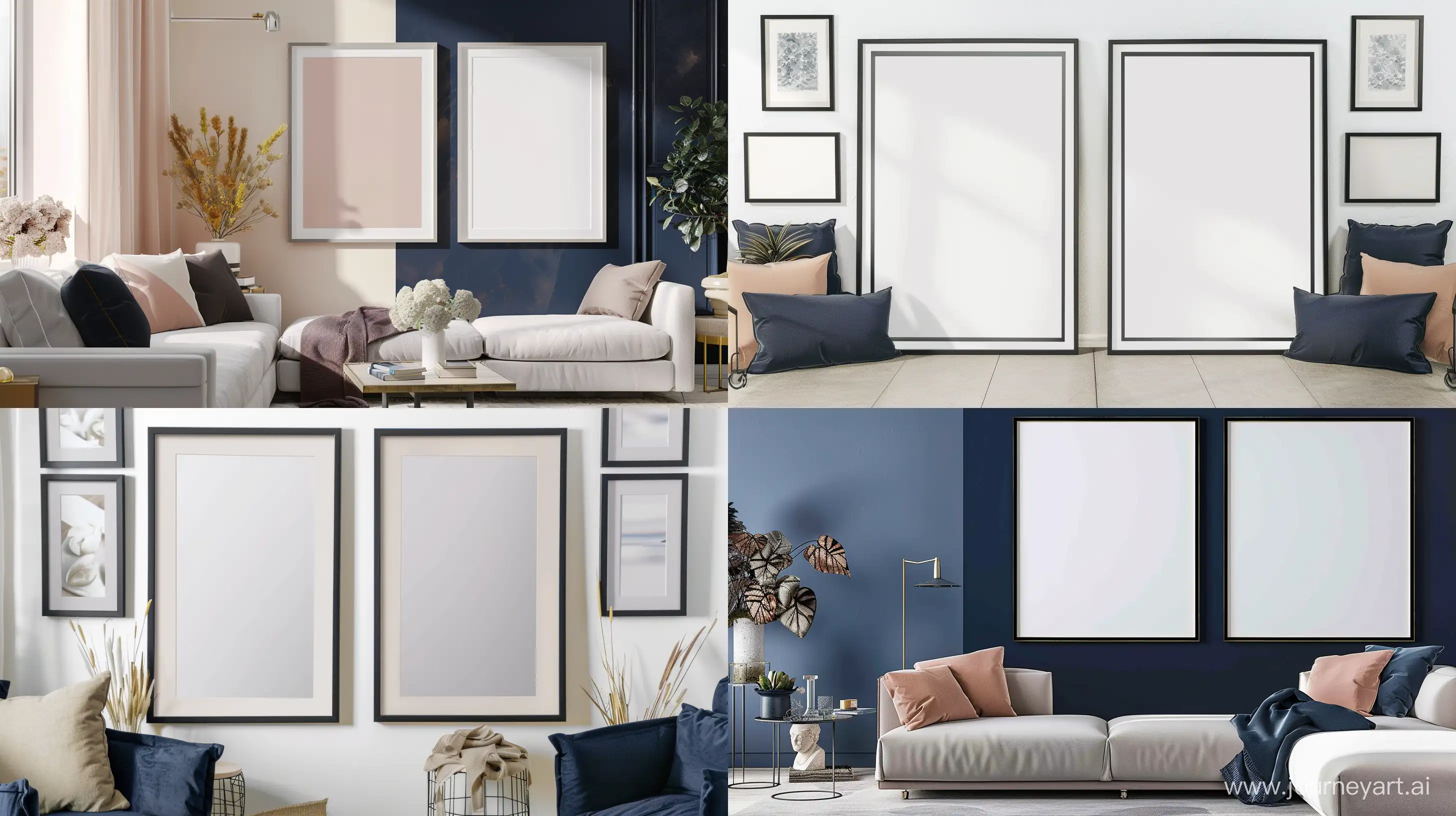 Transform your space with two blank picture frame mockups in a contemporary home setting. A stylish living room exudes sophistication with its clean lines and neutral palette, while touches of deep navy and blush add depth and warmth to the scene. --ar 16:9