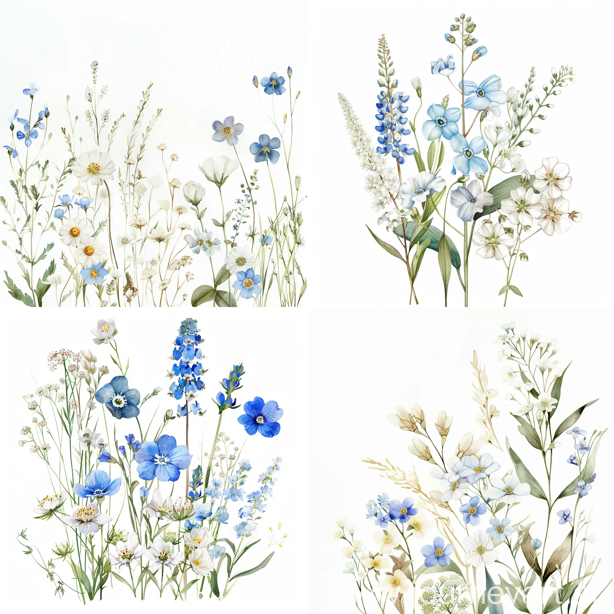 watercolor wildflower, forget me not and white wildflowers, on white background, soft handpainted, detailed, pretty