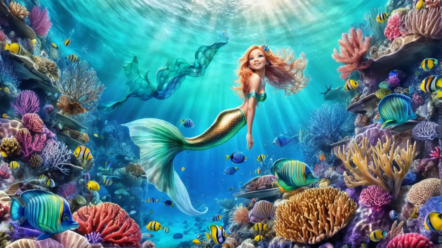 mermaid swimming in the sea and exploring a very colorful coral reef