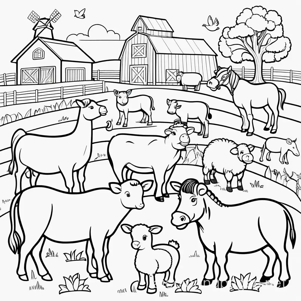 Farm animals learn about school, Coloring Page, black and white, line art, white background, Simplicity, Ample White Space. The background of the coloring page is plain white to make it easy for young children to color within the lines. The outlines of all the subjects are easy to distinguish, making it simple for kids to color without too much difficulty