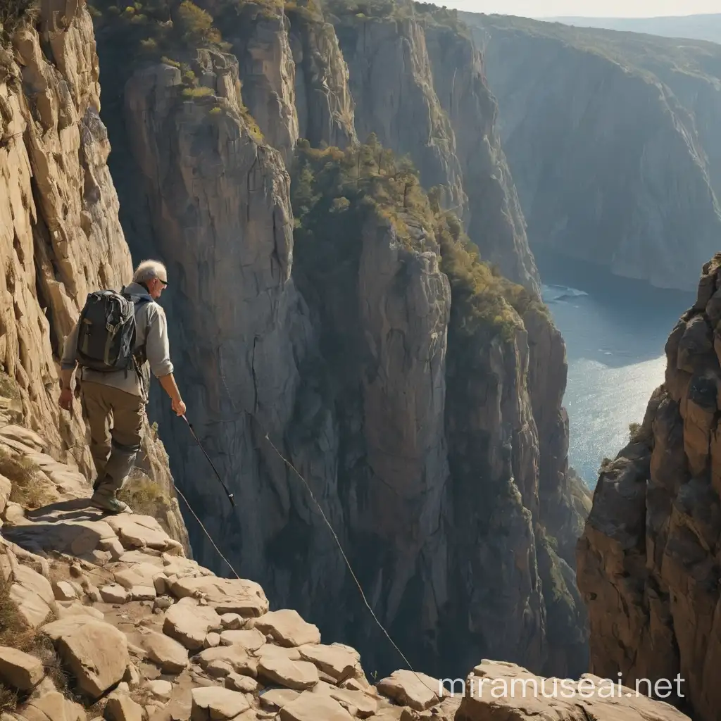 Man Navigating Dangerous Cliff Pathway