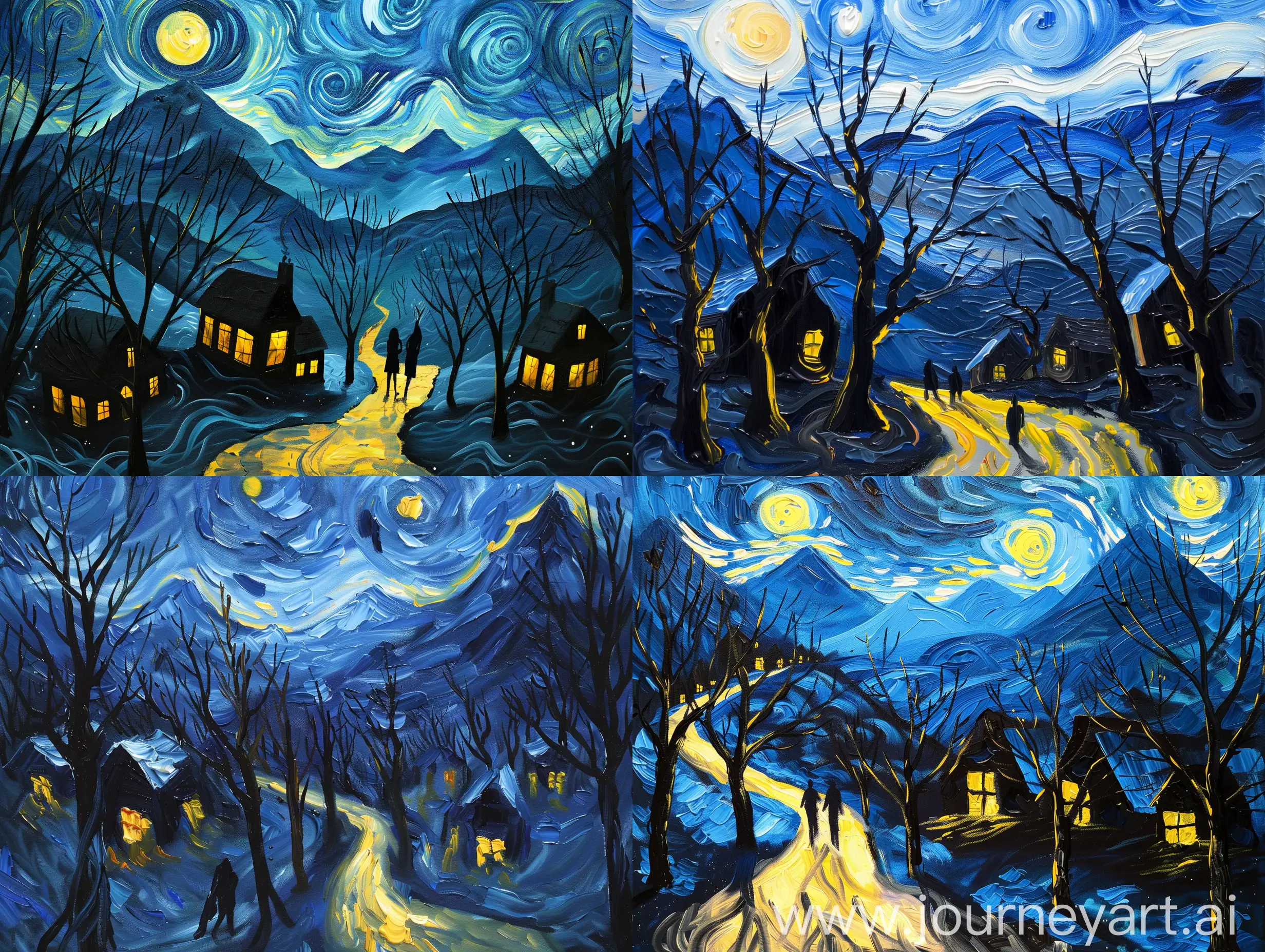 oil painting which captures the essence of a nocturnal landscape with elements of Post-Impressionism

Foreground should Include a path or road with bold strokes of yellow and blue to suggest moonlight reflection.
Add two figures walking away, dressed in dark clothing for silhouette effect.
Midground should include Scatter small, dark houses with glowing windows among bare, leafless trees.
Use swirling lines and dark hues to depict the texture of the trees.
Background should include Feature a large mountain range in shades of blue with snow-capped peaks.
Create a dynamic sky with swirling patterns of blue and black for a turbulent night sky effect.
Color Palette should Use a striking palette of blues, yellows, and blacks for vibrancy and energy.
Contrast warm yellows against cool blues for visual impact.
Unique Features should
Apply thick paint application and depart from realistic representation for emotional expression.
Emphasize mood and atmosphere through color and brushwork.
By incorporating these detailed elements and following the style and color palette described, you can create a similar artwork that captures the beauty and emotion of a nocturnal journey in a Post-Impressionist style.