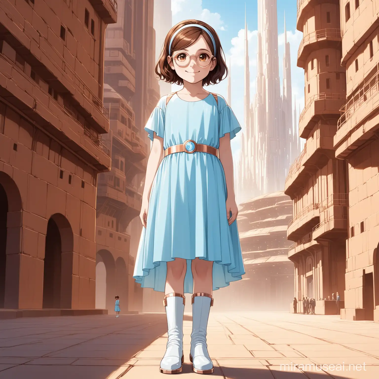 12 year old girl, short brown hair, rose gold glasses, brown eyes, smiling, headband, wearing pale blue dress, white boots, standing in coruscant