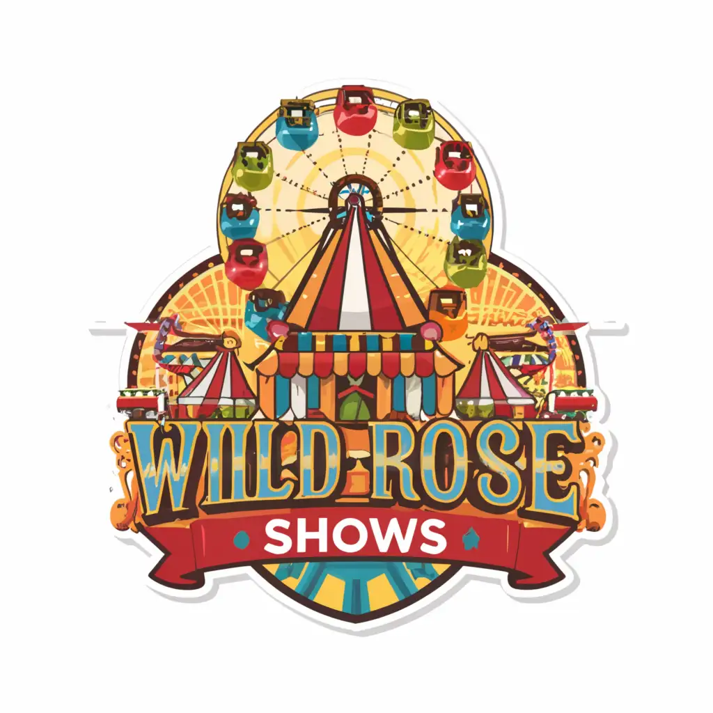 a logo design,with the text "carnival-themed sticker for "Wild Rose Shows" and "Unit 2" for employees to show proudly", main symbol:AMUSEMENT RIDES,Moderate,clear background