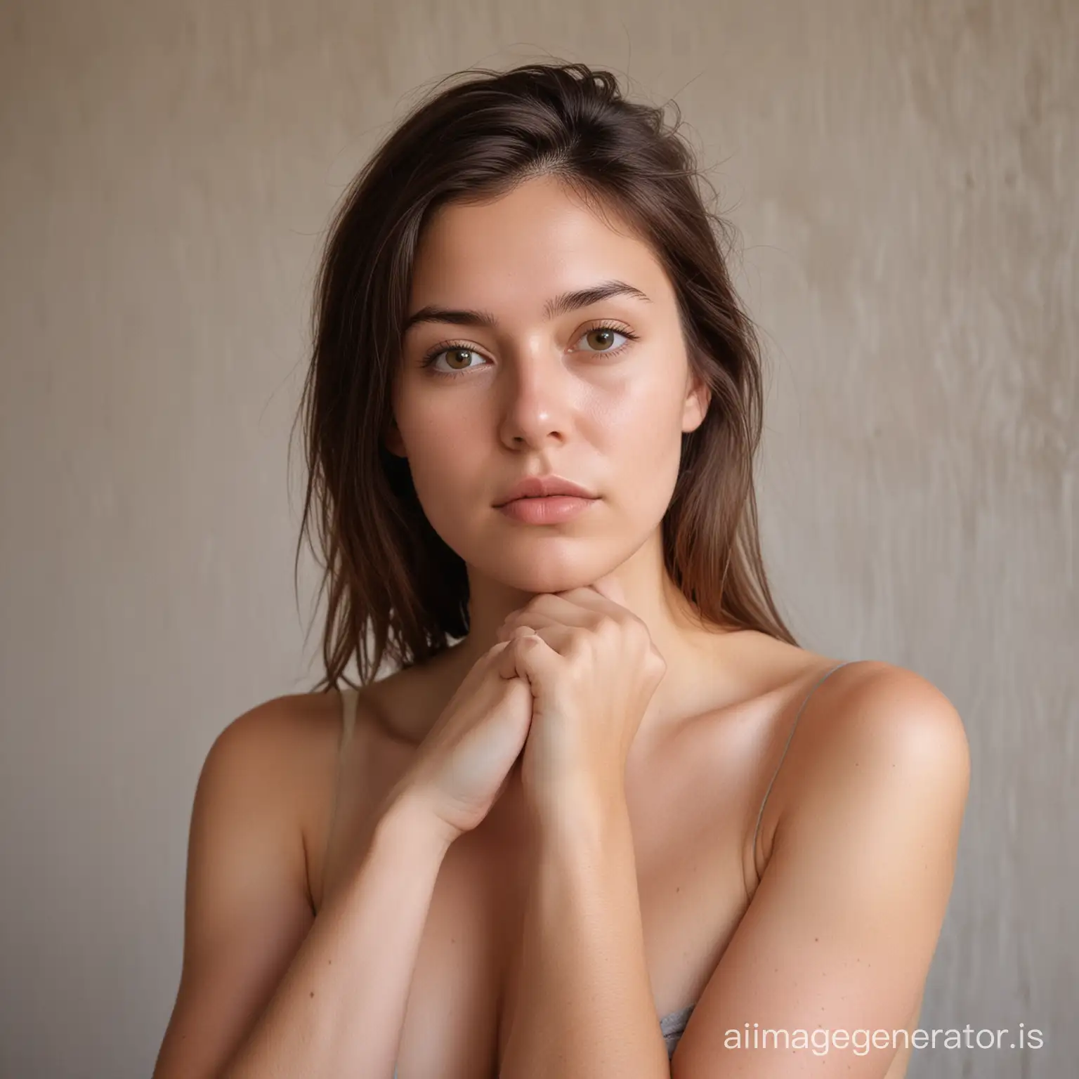Serene-Young-Woman-Posing-Against-Light-Wall
