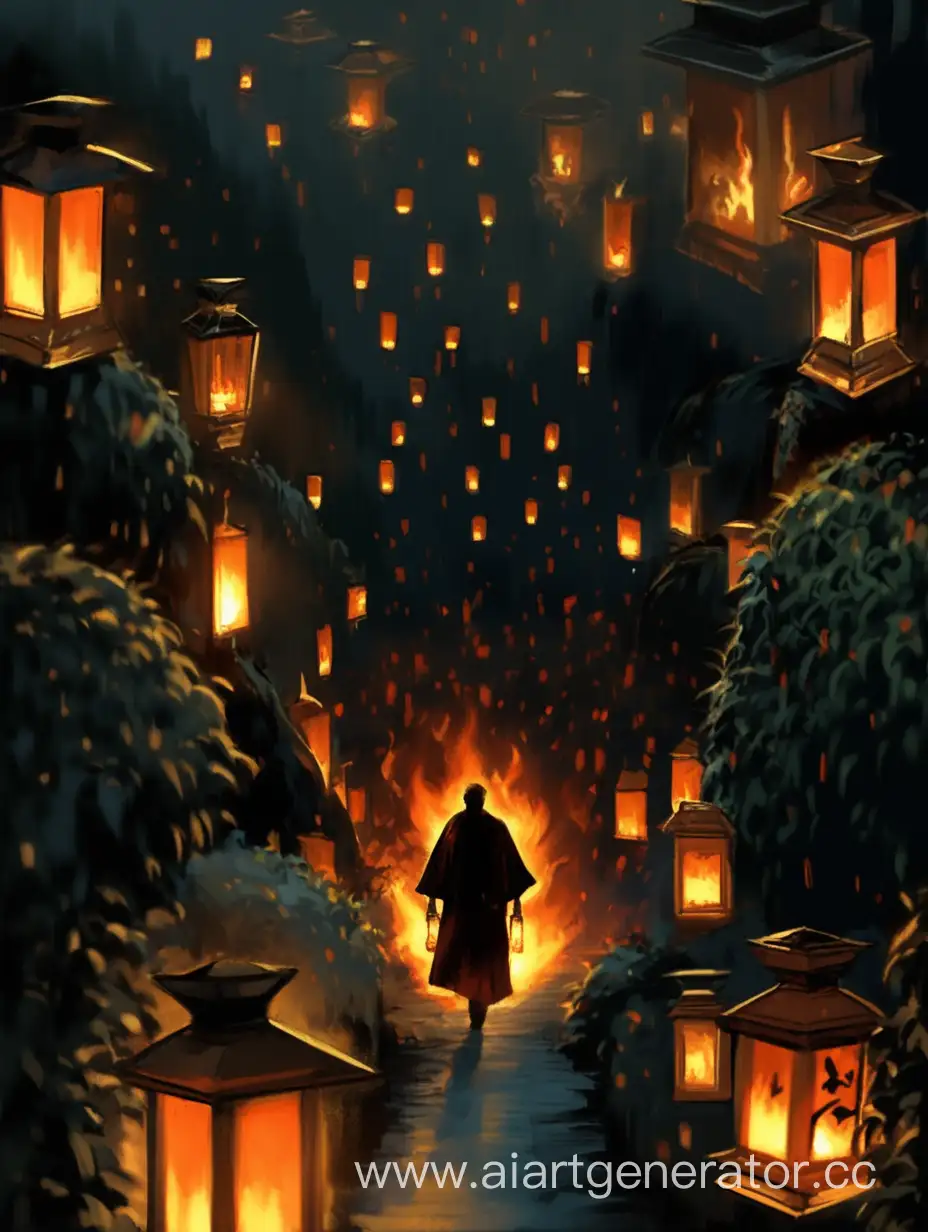Lonely-Man-Walking-Along-Night-Path-with-Burning-Lanterns