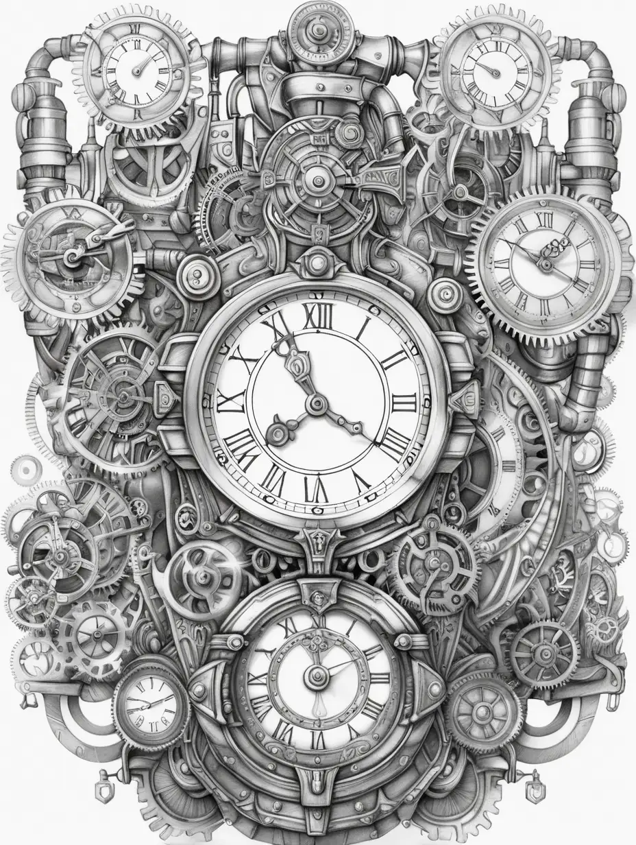 Coloring book pages with much white space that describes this paragraph"  CLOCK  steampunk 10 100 1000 10000