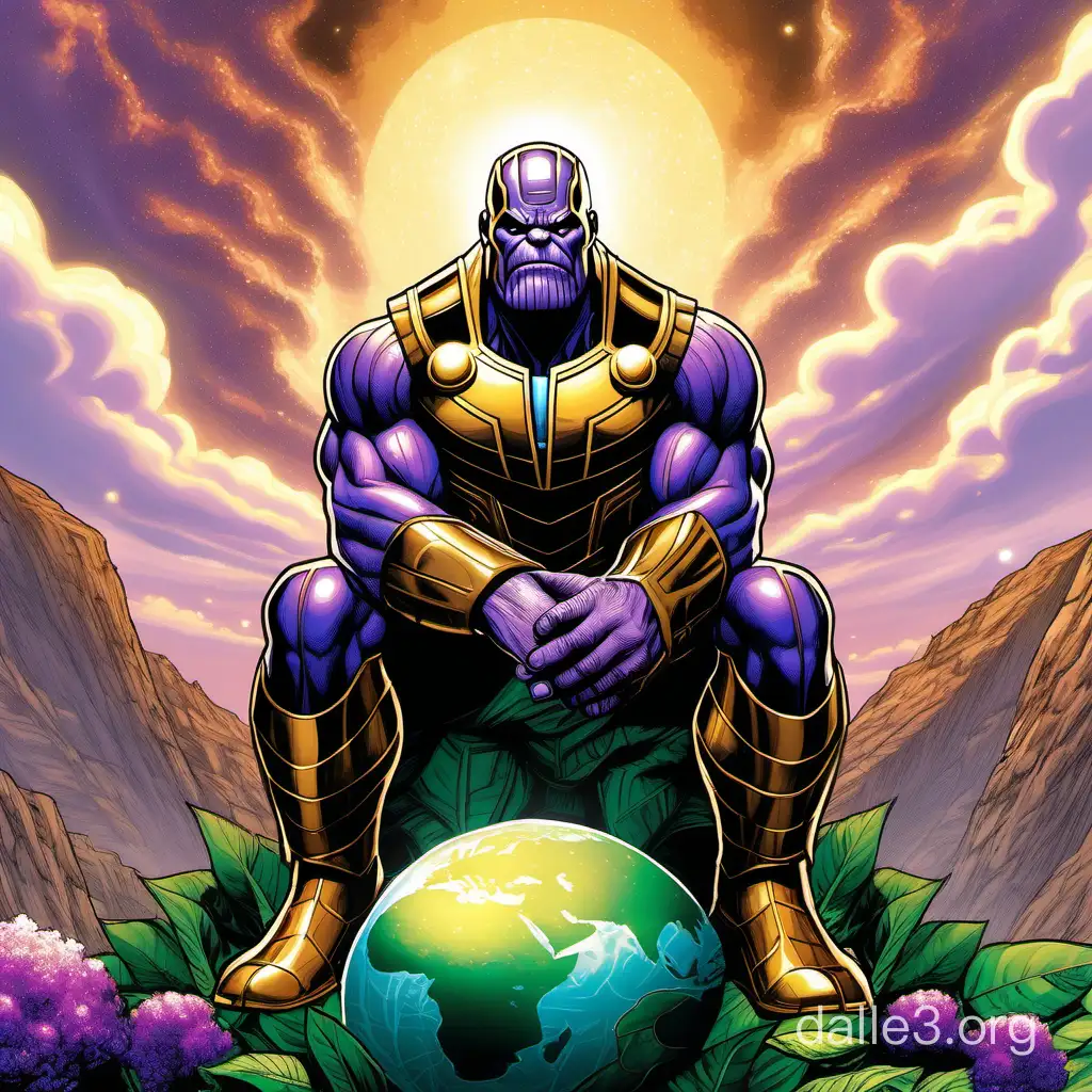 Write a serene and peaceful scene featuring Thanos from the Marvel Universe. In this scene, Thanos is depicted in a nature-loving setting, where he demonstrates his compassion for the Earth and its creatures. Imagine Thanos as a protector and guardian of the environment, showing care and reverence for the natural world around him. Highlight his interactions with animals, plants, and the elements, portraying him in a positive and nurturing light. Capture the essence of Thanos as a symbol of redemption and harmony, rather than his traditional portrayal as a villain. Focus on creating a vivid and evocative description that immerses the reader in this tranquil scene.