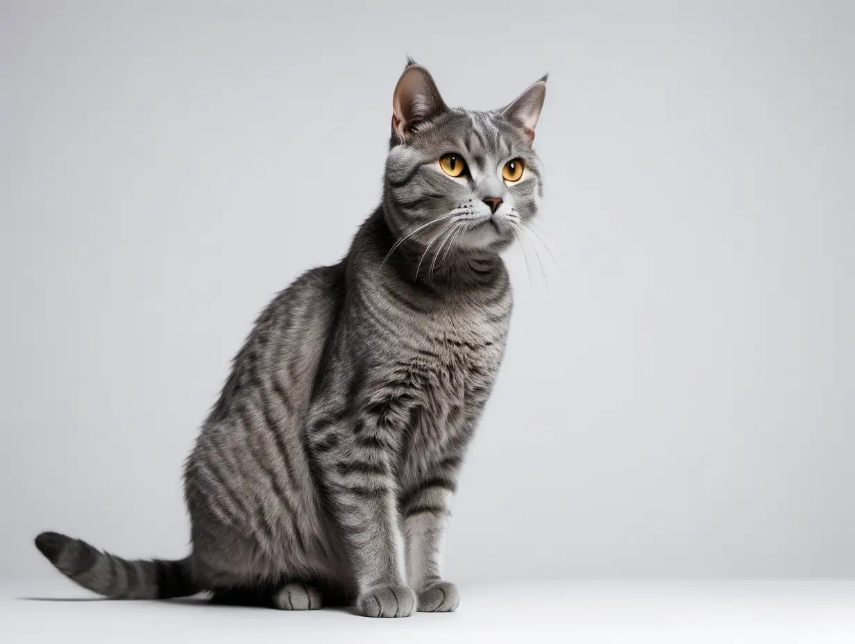 Hyperrealistic image of a grey cat in a studio with white background. picture shot with sony a7 sIII