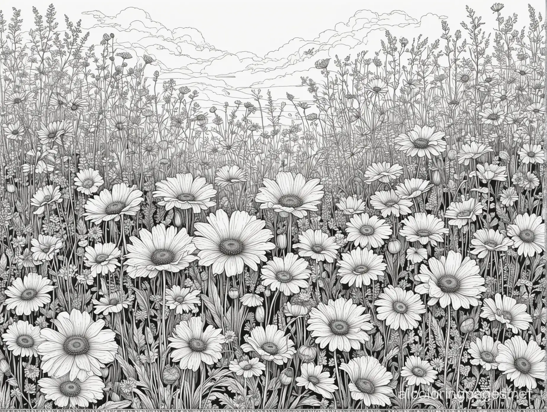 Create a picture for adult colouring in black and white only.  The theme of the picture: British garden. gardening. Style: sketching, ink, line drawings. the picture shows a flower bed with daisies and poppies The detail of the picture is medium. Ratio 11:8.5 , Coloring Page, black and white, line art, white background, Simplicity, Ample White Space. The background of the coloring page is plain white to make it easy for young children to color within the lines. The outlines of all the subjects are easy to distinguish, making it simple for kids to color without too much difficulty