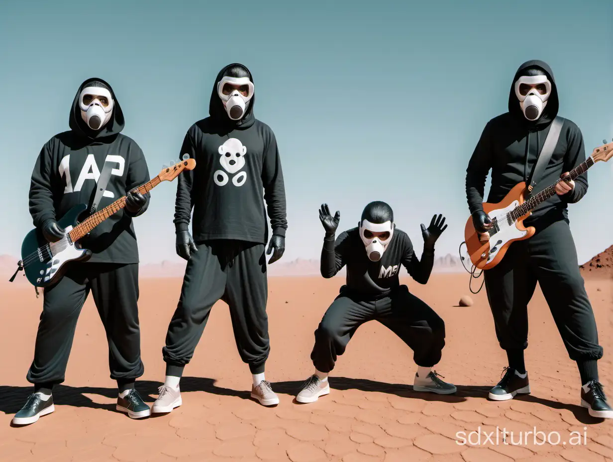 4 apes in huge baggy pants performing as a punkrock band on Mars. they are wearing sneakers and white masks