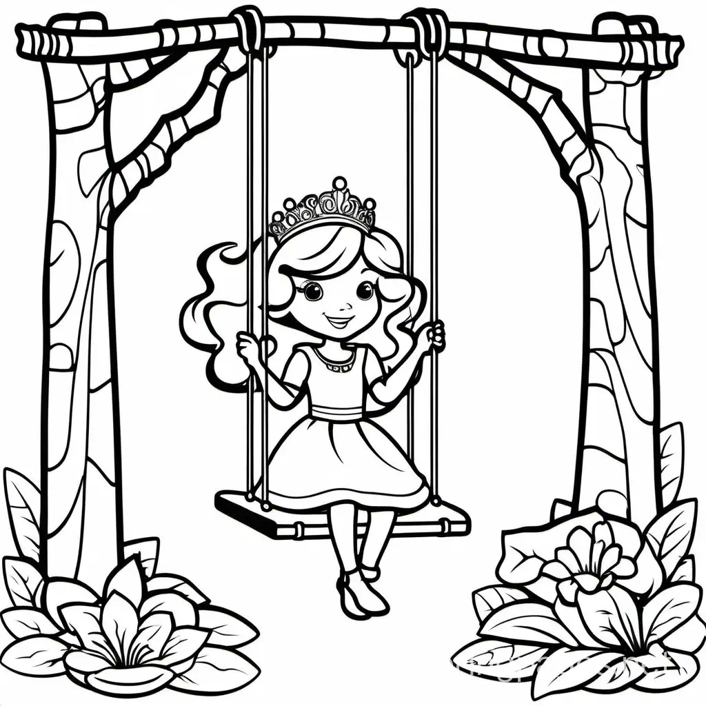 An image of a princess in a swing. Full picture , Coloring Page, black and white, line art, white background, Simplicity, Ample White Space. The background of the coloring page is plain white to make it easy for young children to color within the lines. The outlines of all the subjects are easy to distinguish, making it simple for kids to color without too much difficulty