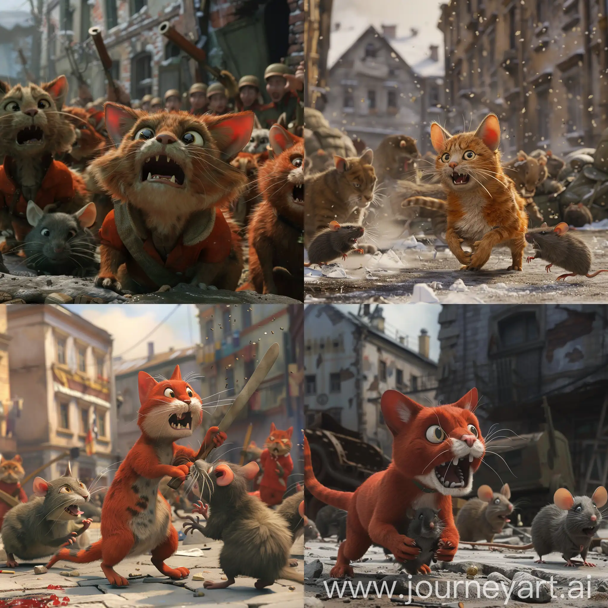 Red army cats battle with German army rats, fighting, hunger, hero, Leningrad, WWII, 1943, Pixar animation style